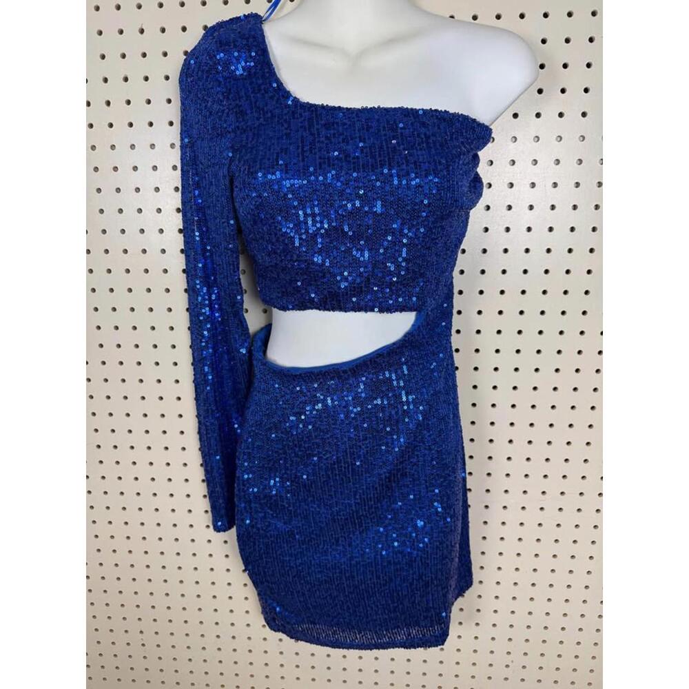 Windsor Blue Sequin One Shoulder Cut Out Mini Dress M